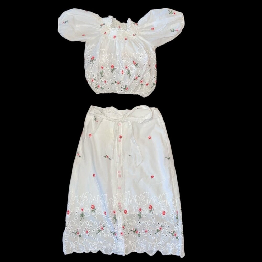 H&M Girl's Embroidered Floral Eyelet Boho Crop Top & Skirt Set NWT